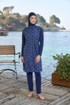 Lacivert Geometrik Desenli Tam Kapalı Fermuarlı Mayo