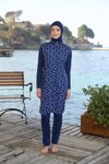 Lacivert Geometrik Desenli Tam Kapalı Fermuarlı Mayo