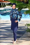 Lacivert Marble Tam Kapalı Croplu Pantolonlu Mayo