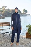 Lacivert Marin Desenli Tam Kapalı Fermuarlı Mayo