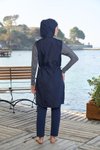 Lacivert Marin Desenli Tam Kapalı Fermuarlı Mayo