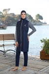Lacivert Marin Desenli Tam Kapalı Fermuarlı Mayo