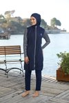 Lacivert Marin Desenli Tam Kapalı Fermuarlı Mayo