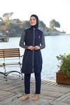 Lacivert Marin Desenli Tam Kapalı Fermuarlı Mayo
