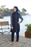 Lacivert Marin Desenli Tam Kapalı Fermuarlı Mayo