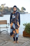 Lacivert Yaprak Desenli Tam Kapalı Boy Fermuarlı Mayo
