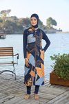 Lacivert Yaprak Desenli Tam Kapalı Boy Fermuarlı Mayo