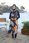 Lacivert Yaprak Desenli Tam Kapalı Boy Fermuarlı Mayo