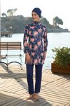 Lacivert Yaprak Desenli Tam Kapalı Mayo