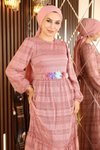 Pembe Çiçekli Dantelli Kemeri Çiçekli Elbise