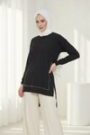 Siyah Premium Bambu Keten Uzun Kollu İnci Süslemeli Terletmez Tunik