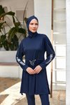 Koyu Lacivert Opal Uzun Kollu Tam Kapalı Mayo