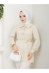 Bej Bebe Yakalı Fiyonk Detaylı Tunik