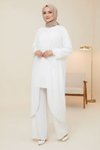 Beyaz Çiçekli Boncuklu İkili Kimono Takım