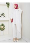 Beyaz Çiçekli Boncuklu İkili Kimono Takım