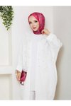 Beyaz Çiçekli Boncuklu İkili Kimono Takım
