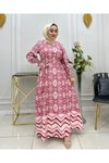 Bordo Desenli Şifon Eteği Fırfırlı Elbise