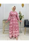 Bordo Desenli Şifon Eteği Fırfırlı Elbise