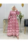 Bordo Desenli Şifon Eteği Fırfırlı Elbise
