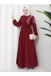 Bordo İşleme Detaylı Krep Elbise