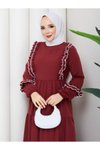 Bordo Poplin Fırfır ve İşleme Detaylı Elbise