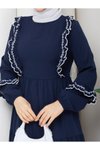 Lacivert Poplin Fırfır ve İşleme Detaylı Elbise