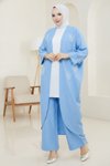 Mavi Çiçekli Boncuklu İkili Kimono Takım