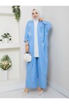 Mavi Çiçekli Boncuklu İkili Kimono Takım