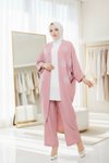 Pembe Çiçekli Boncuklu İkili Kimono Takım