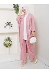 Pembe Çiçekli Boncuklu İkili Kimono Takım