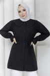 Siyah Bebe Yakalı İşlemeli Tunik