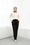 Siyah Keten Bağcıklı Pantolon