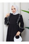 Siyah Poplin Fırfır Ve İşleme Detaylı Elbise