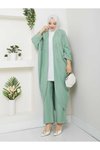 Yeşil Çiçekli Boncuklu İkili Kimono Takım
