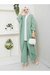 Yeşil Çiçekli Boncuklu İkili Kimono Takım