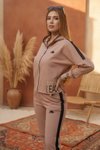 Embroidered Zippered Tracksuit Set - Beige
