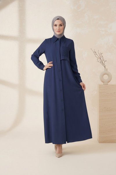 Bead-Embroidered Abaya - Navy Blue
