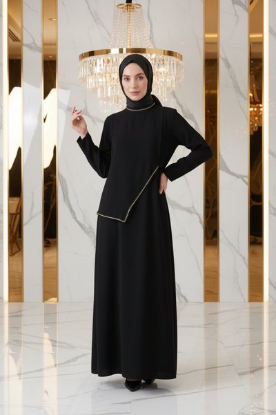 فستان سهرة أسود بشريط أحجار