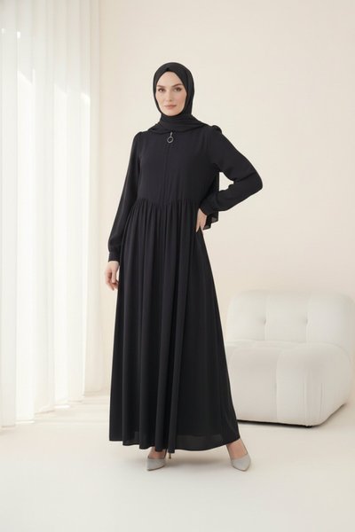 V-Gathered Abaya - Black