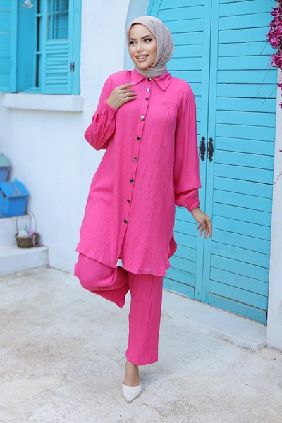 Ruched-Detail Modest Set - Fuchsia