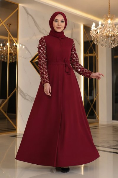 Bordo Saçak Detaylı Abiye Elbise