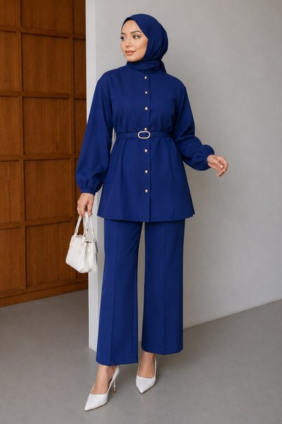 Oval Buckle Modest Co-ord Set - Indigo