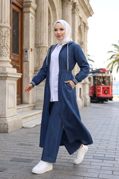 Koyu Mavi Kapüşonlu Beli Lastikli Kot Tesettür Takım