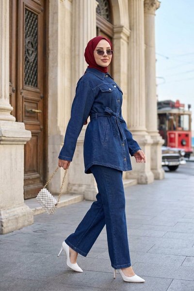 Koyu Mavi Luna Denim İkili Tesettür Takım