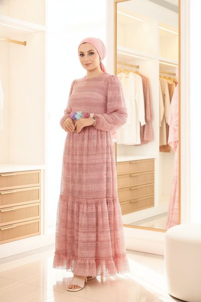 Pembe Çiçekli Dantelli Kemeri Çiçekli Elbise