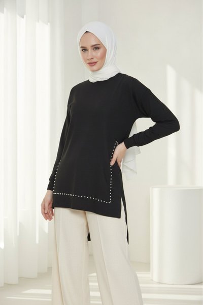 Siyah Premium Bambu Keten Uzun Kollu İnci Süslemeli Terletmez Tunik