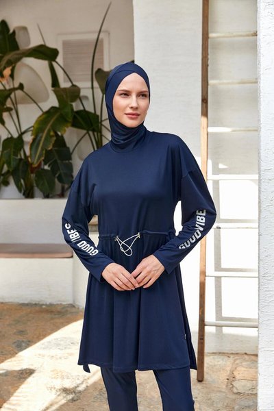 Koyu Lacivert Opal Uzun Kollu Tam Kapalı Mayo