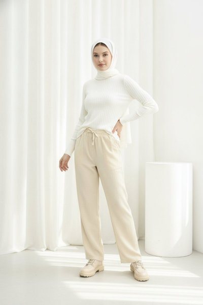Bej Bağcıklı Keten Pantolon