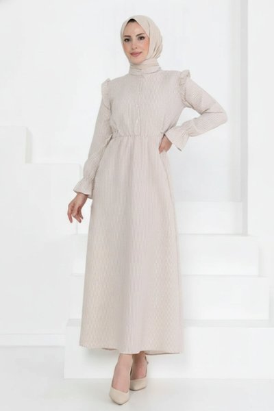 Striped Seersucker Laced Ruffle Detail Dress - Beige