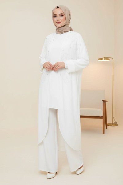 Beyaz Çiçekli Boncuklu İkili Kimono Takım